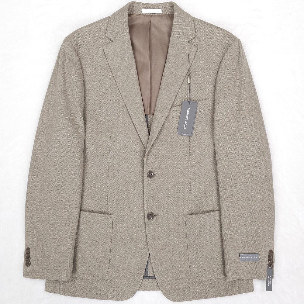 Michael Kors Mens Classic Fit Sport Coat Blazer 46R Oatmeal Herringbone Stretch